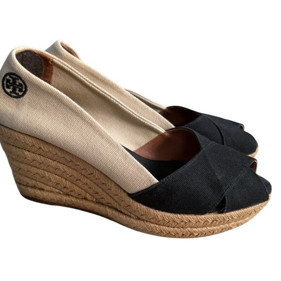 TORY BURCH Beige Black Canvas Logo Peeptoe Wedges Espadrilles Size 8.5 - Picture 11 of 12